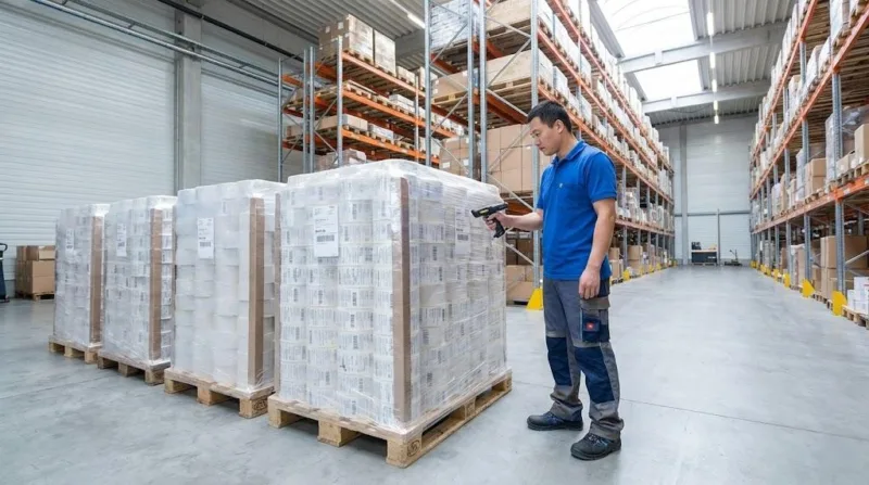 A Chinese Logistics Staff Member Scanning Barcodes On Palletized Label Rolls In A Bright, Organized Warehouse For Global Delivery.