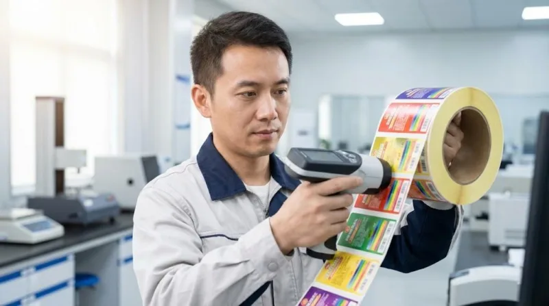 A Professional Chinese Technician Measuring Label Color Accuracy With A Handheld Spectrophotometer In A Clean Manufacturing Laboratory.