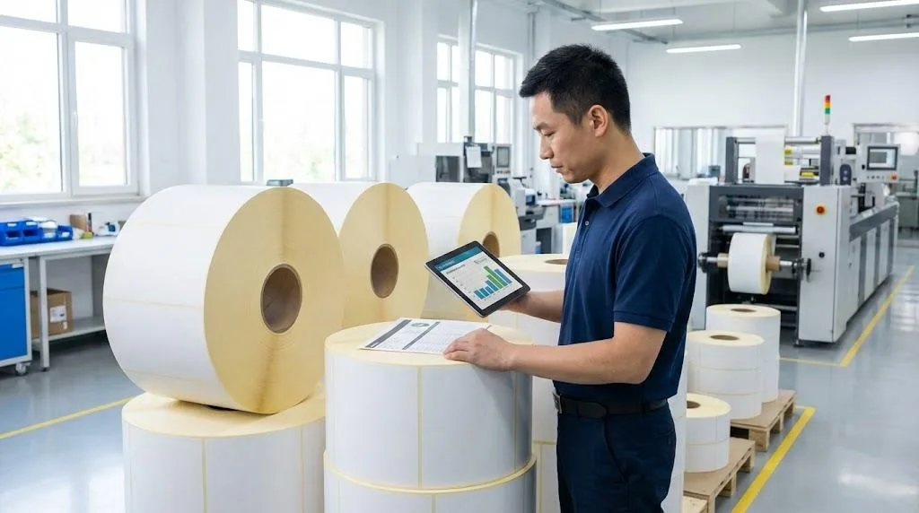 A Professional Chinese Technician Verifying Raw Material Specifications And Cost Index Sheets Next To Large Label Rolls In A Clean Factory Environment.