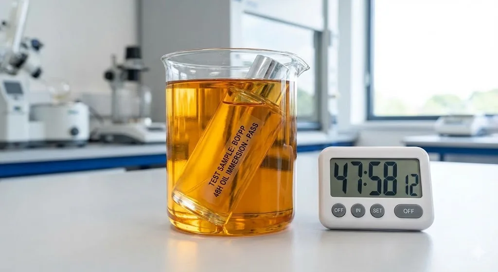 Bopp Label Undergoing 48 Hour Essential Oil Immersion Test In Laboratory.