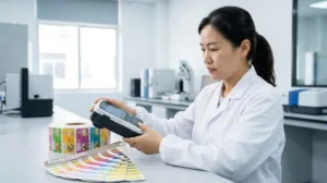 Chinese Qc Inspector Using A Digital Spectrophotometer To Verify Label Color Consistency Against Pantone Standards.