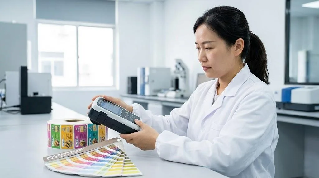 Chinese Qc Inspector Using A Digital Spectrophotometer To Verify Label Color Consistency Against Pantone Standards.