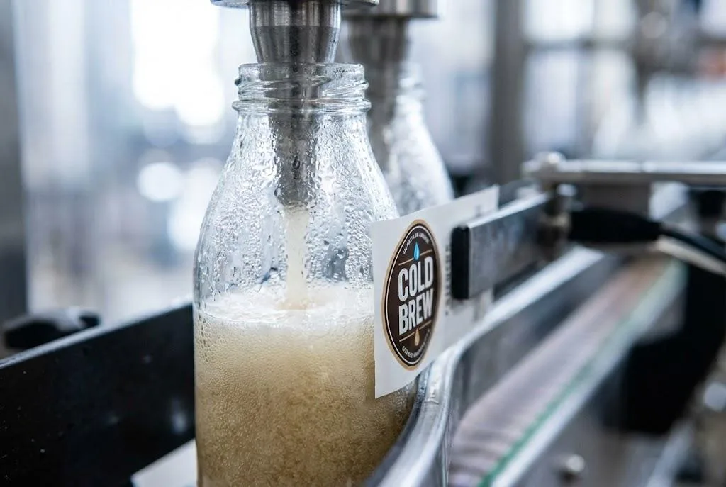 Close Up Of A Cold Brew Label Applied To A Wet Glass Bottle With Condensation During High Speed Cold Filling.