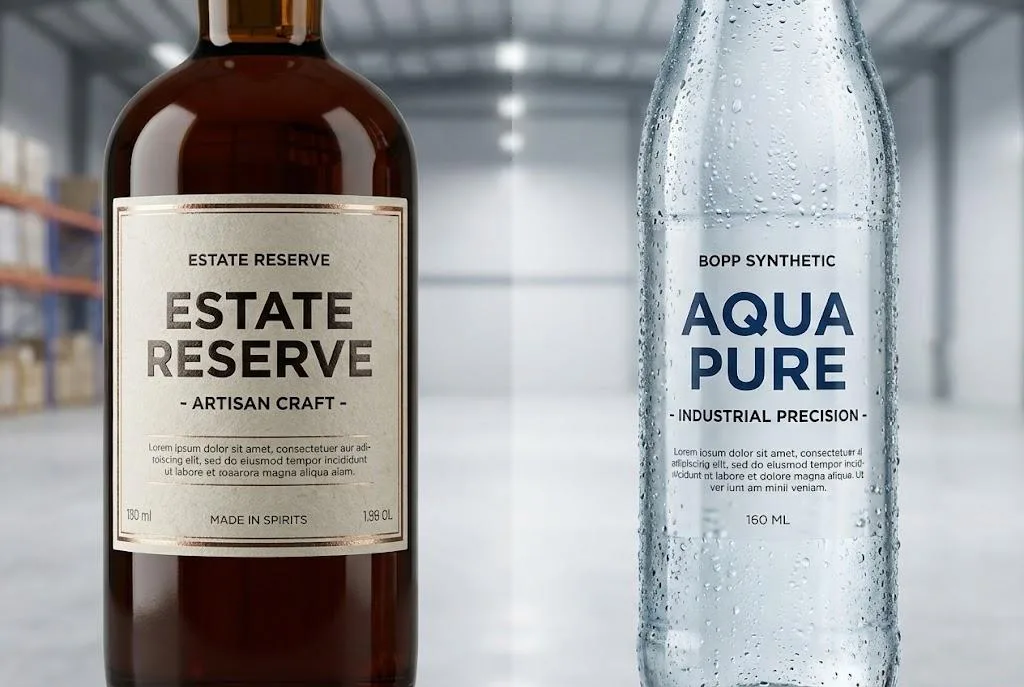 Comparison Of Artisan Textured Paper Labels For Spirits Versus Waterproof Bopp Synthetic Film Labels For Beverage Bottles.