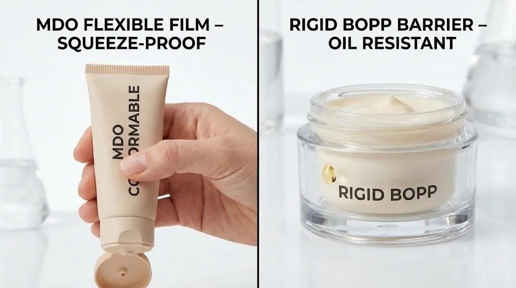 Comparison Of Flexible Mdo Squeeze Tube Labels And Rigid Oil Resistant Bopp Jar Labels.