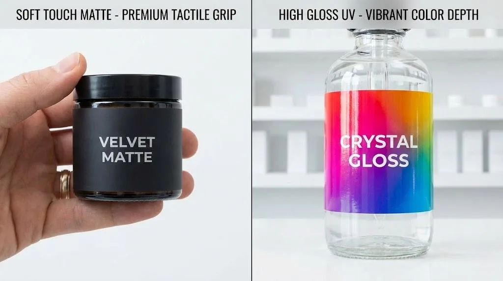 Comparison Of Soft Touch Matte Finish And High Gloss Uv Coated Product Labels.