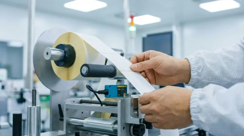 Detailed Shot Of A Technician Adjusting An Automated Label Applicator Machine To Ensure Roll Compatibility.