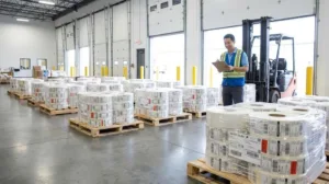 Finished Rolls Of Industrial Labels Stacked On Pallets Ready For Global Shipping In An Organized Warehouse.