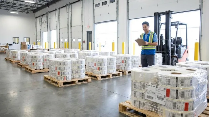 Finished Rolls Of Industrial Labels Stacked On Pallets Ready For Global Shipping In An Organized Warehouse.