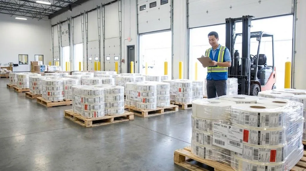 Finished Rolls Of Industrial Labels Stacked On Pallets Ready For Global Shipping In An Organized Warehouse.