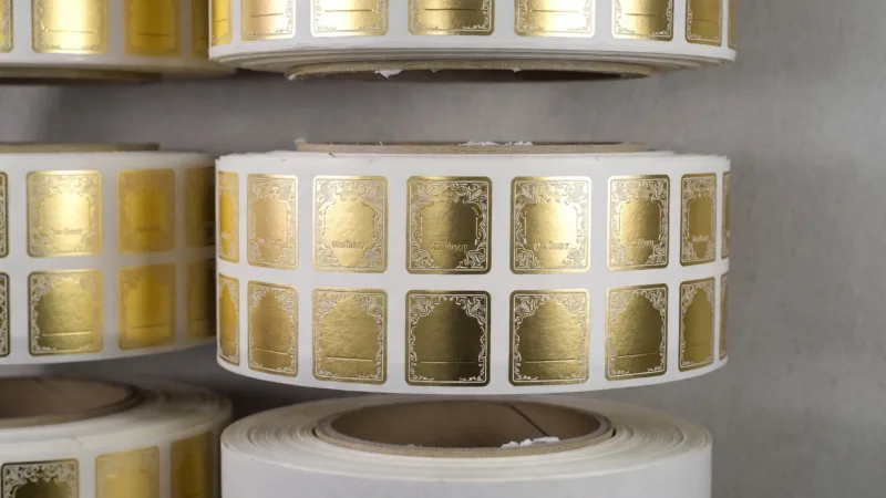 Finished Rolls Of Premium Gold Foil Adhesive Labels Ready For Application.