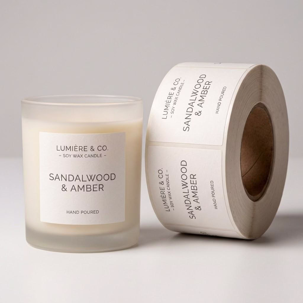 Heat Resistant Candle Labels With Premium Textured Paper And Aggressive Adhesive For Glass Jars.