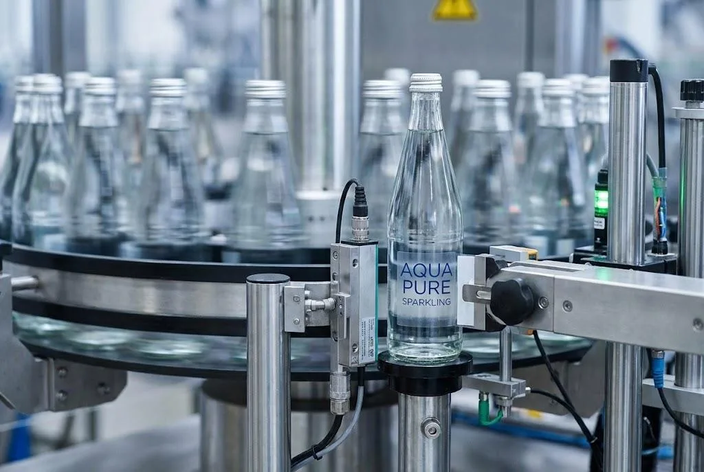 High Speed Rotary Labeling Machine Applying Precision Labels To Aqua Pure Sparkling Water Bottles On An Automated Bottling Line.