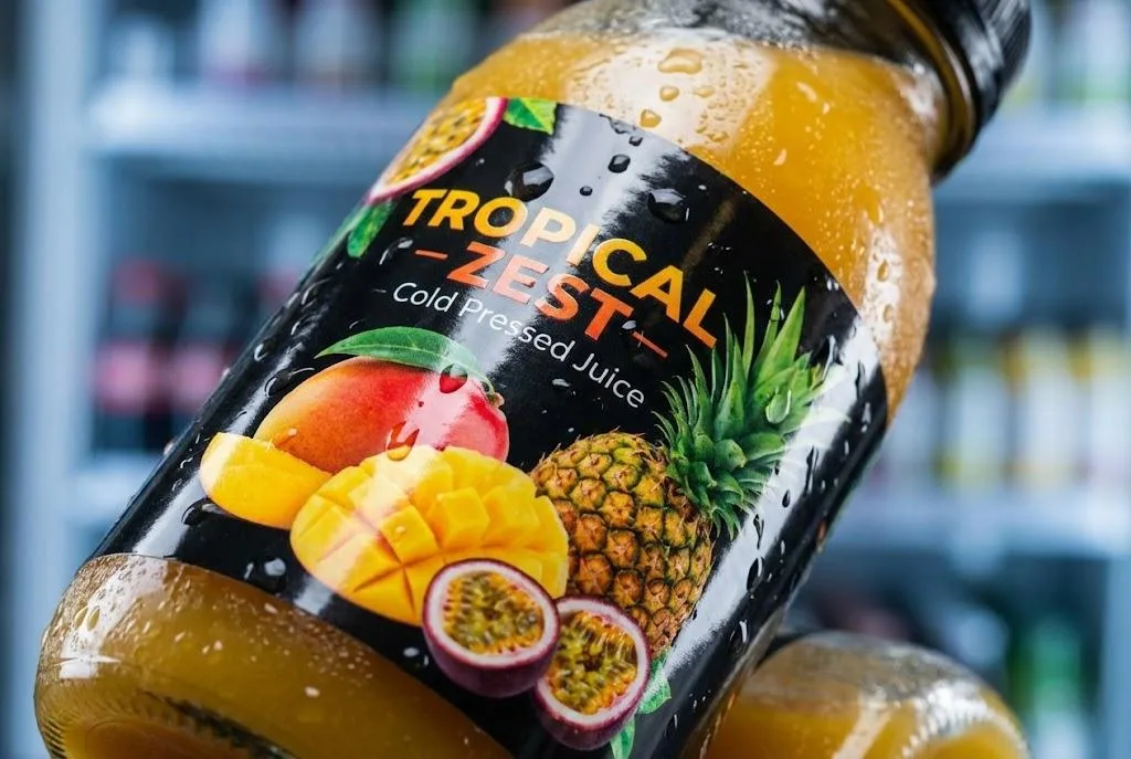 High Vibrancy Uv Gloss Laminated Sheet Label With Waterproof Protection On A Juice Bottle.