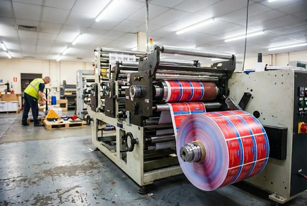 High Volume Flexo Printing Press Producing Identical Labels In Bulk.