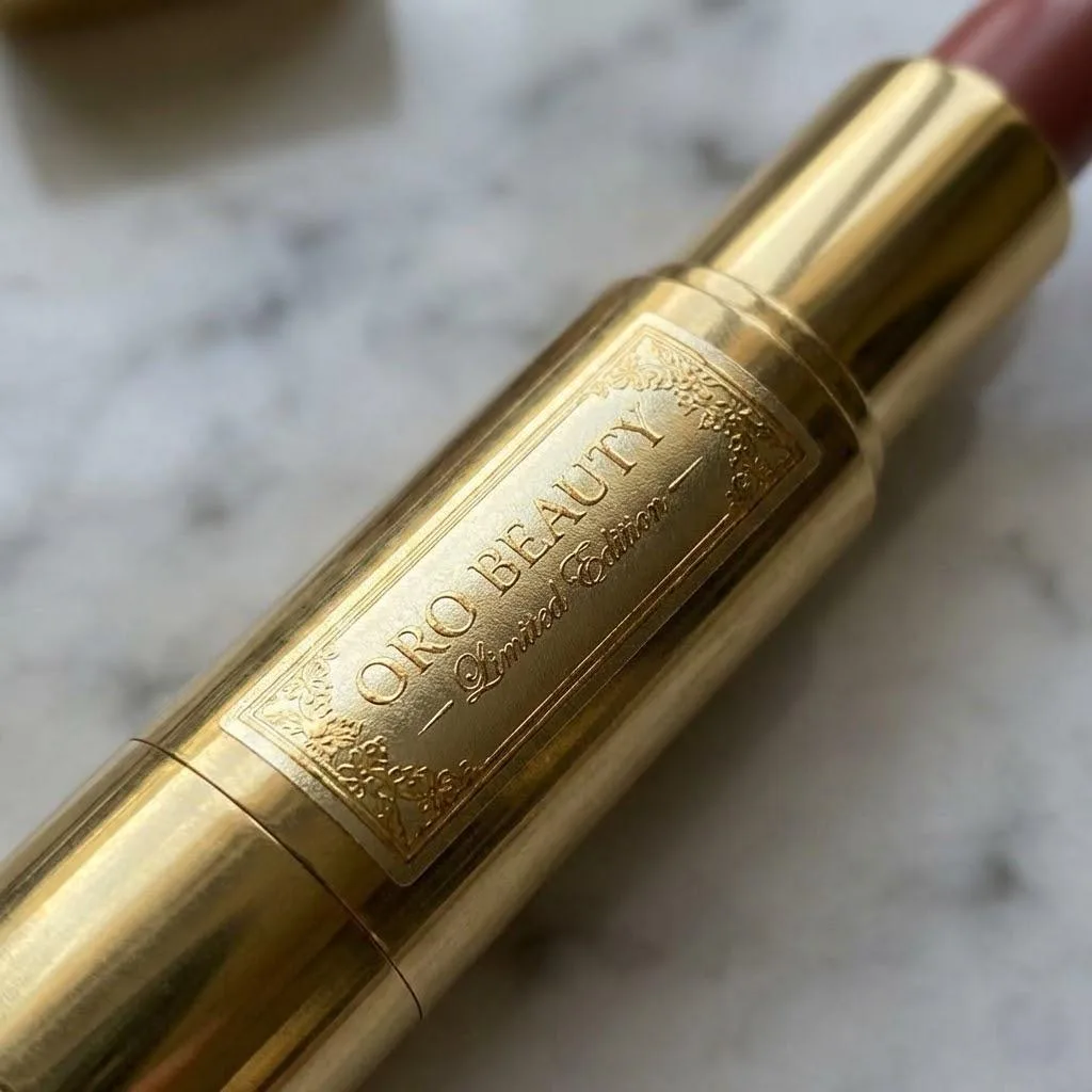 Luxury Gold Foiled Brand Label On A Lipstick Tube Close Up.