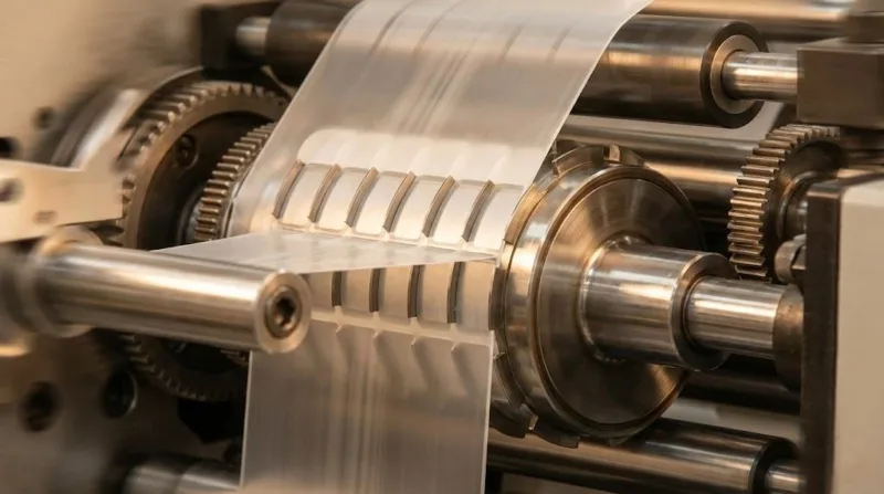 Macro Shot Of A High Speed Label Printing Press Processing A Thin 2.0 Mil Film Substrate With Precision Die Cutting Technology.