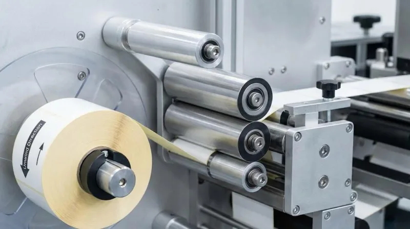 Macro Shot Of Automated High Speed Label Applicator Rollers Feeding Roll Labels With Precise Unwind Direction.