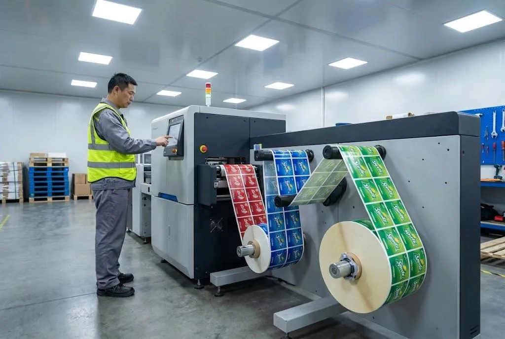 Multi Sku Digital Label Printer Showing Various Designs On A Single Roll.