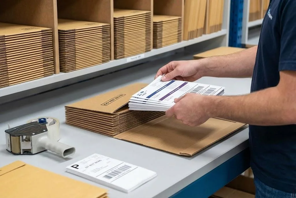 Packing Custom Sheet Labels Into Reinforced, Rigid Stay Flat Shipping Mailers.