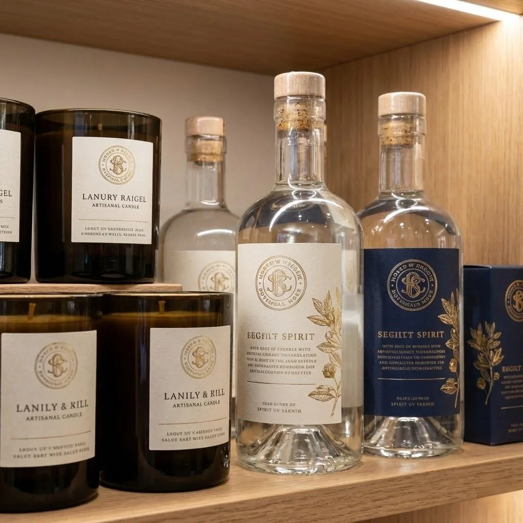 Premium textured labels with gold foil on retail boutique shelves showcasing brand authority