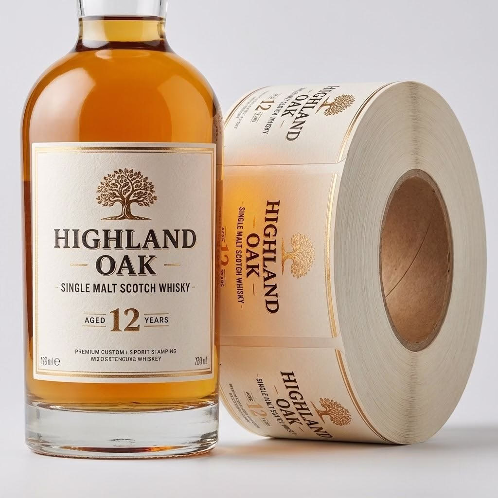 Premium Textured Spirit Bottle Labels With Luxury Gold Foil And Water Resistant Finish.