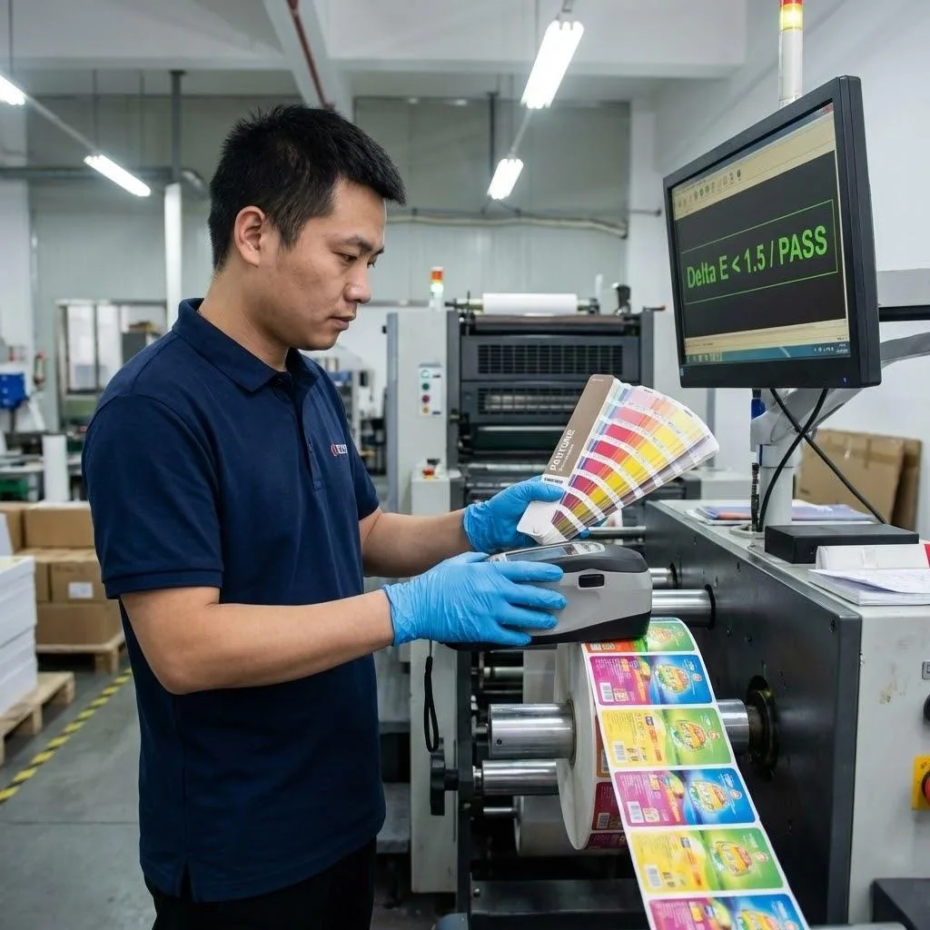Print engineer checking label color accuracy with a spectrophotometer