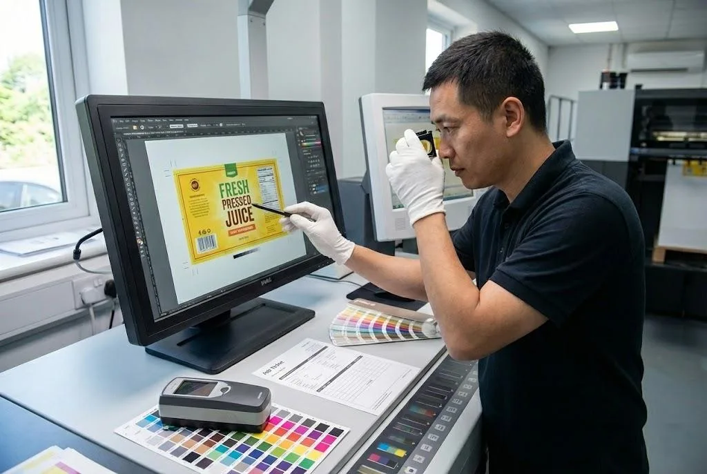 Print Technician Performing Manual Pre Production File Review And Quality Check For Custom Labels.