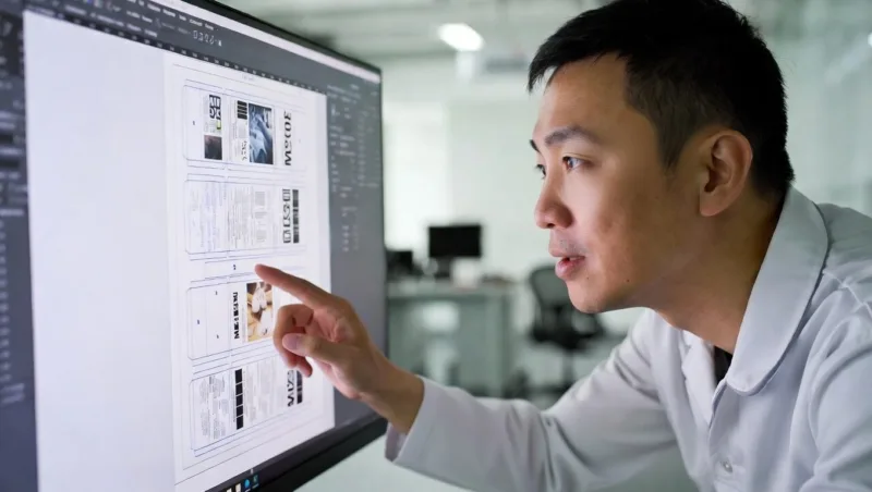 Professional Chinese Pre Press Technician Auditing Label Design Bleed Lines And Technical Specifications On A Monitor.