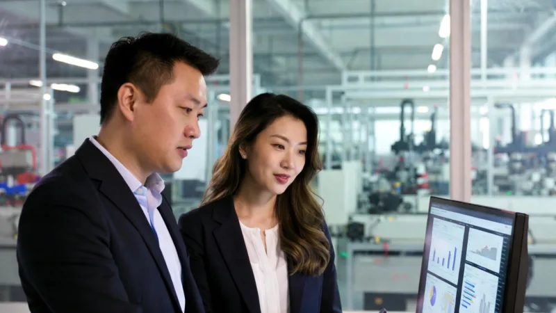 Professional Manufacturing Consultants Reviewing 2026 Regulatory Compliance And Sb 54 Packaging Standards On A Monitor.