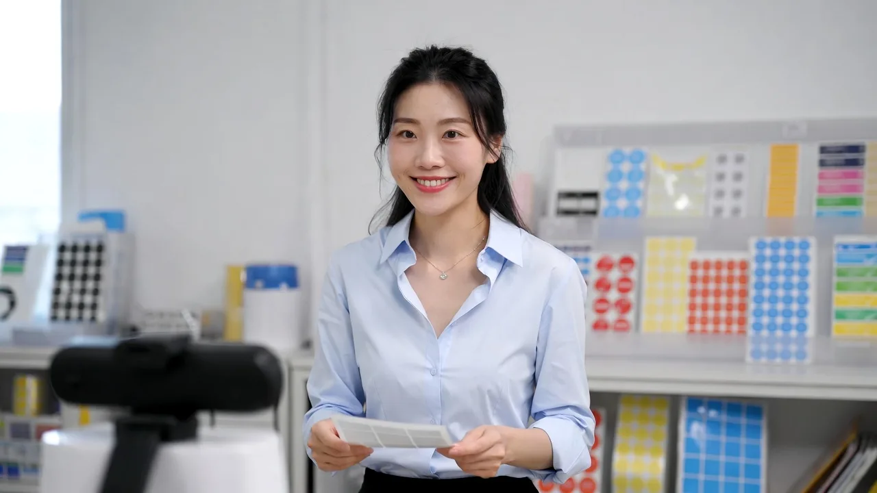 Professional Project Consultant In A Bright Office Showing A Physical Label Proof To A Remote Client During A High Definition Video Call.