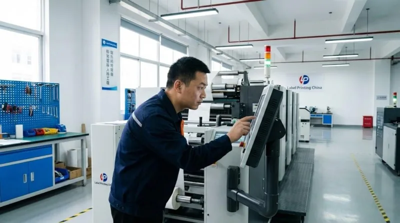 Professional Technician Calibrating A High Speed Rotary Die Cutting Machine For Industrial Labels In A Modern Factory.