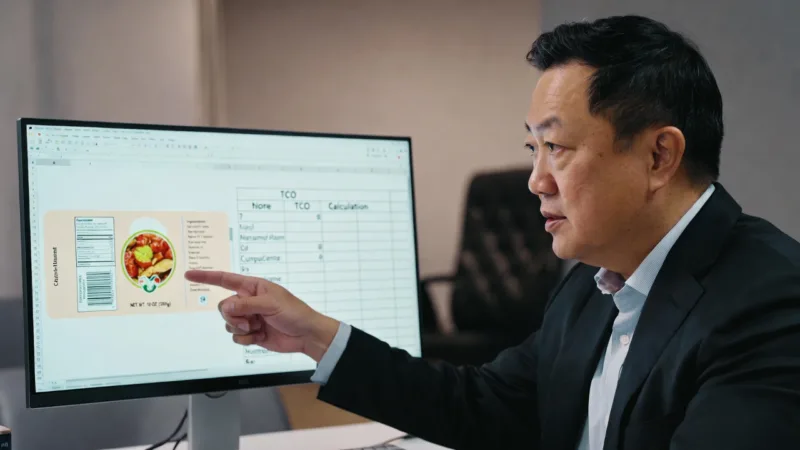 Project Manager Reviewing Label Design And Cost Analysis On Screen.