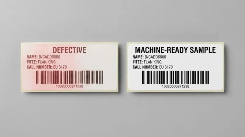 Side By Side Comparison Of A Failed Industrial Label With Color Shift Versus A High Quality Machine Ready Label Sample.