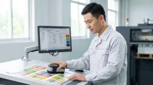 Skilled Technician Verifying Label Color Accuracy With An Industrial Spectrophotometer In A Professional Printing Factory.