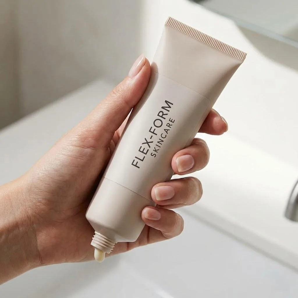 Squeeze Proof Flexible Label On A Cosmetic Tube Being Squeezed.