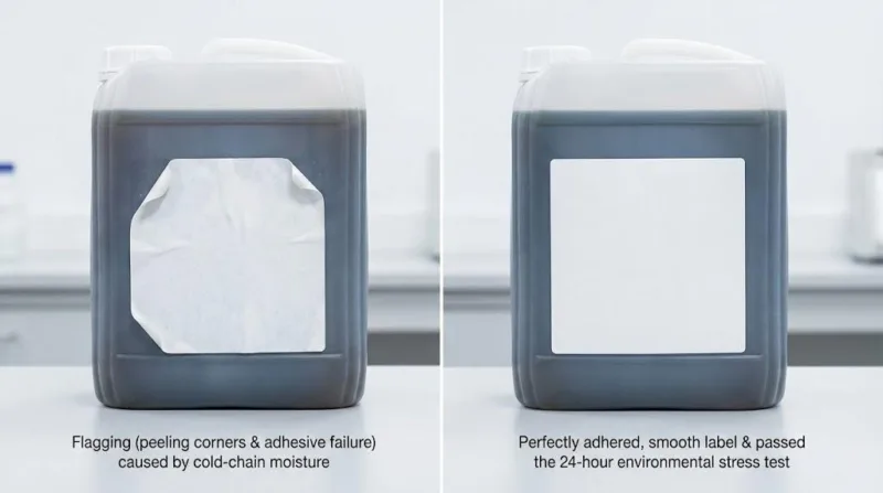 Visual Comparison Of Industrial Label Adhesive Failure Flagging Versus A High Quality Smooth Label Application.