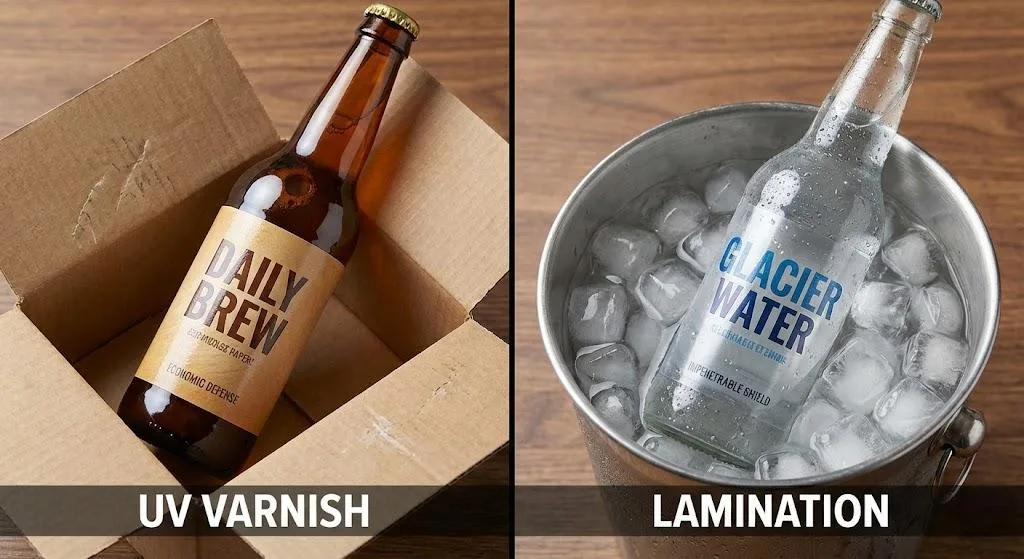 Visual Contrast Between Protective Uv Varnish For Scuff Resistance And Film Lamination For Ice Bucket Immersion Integrity.