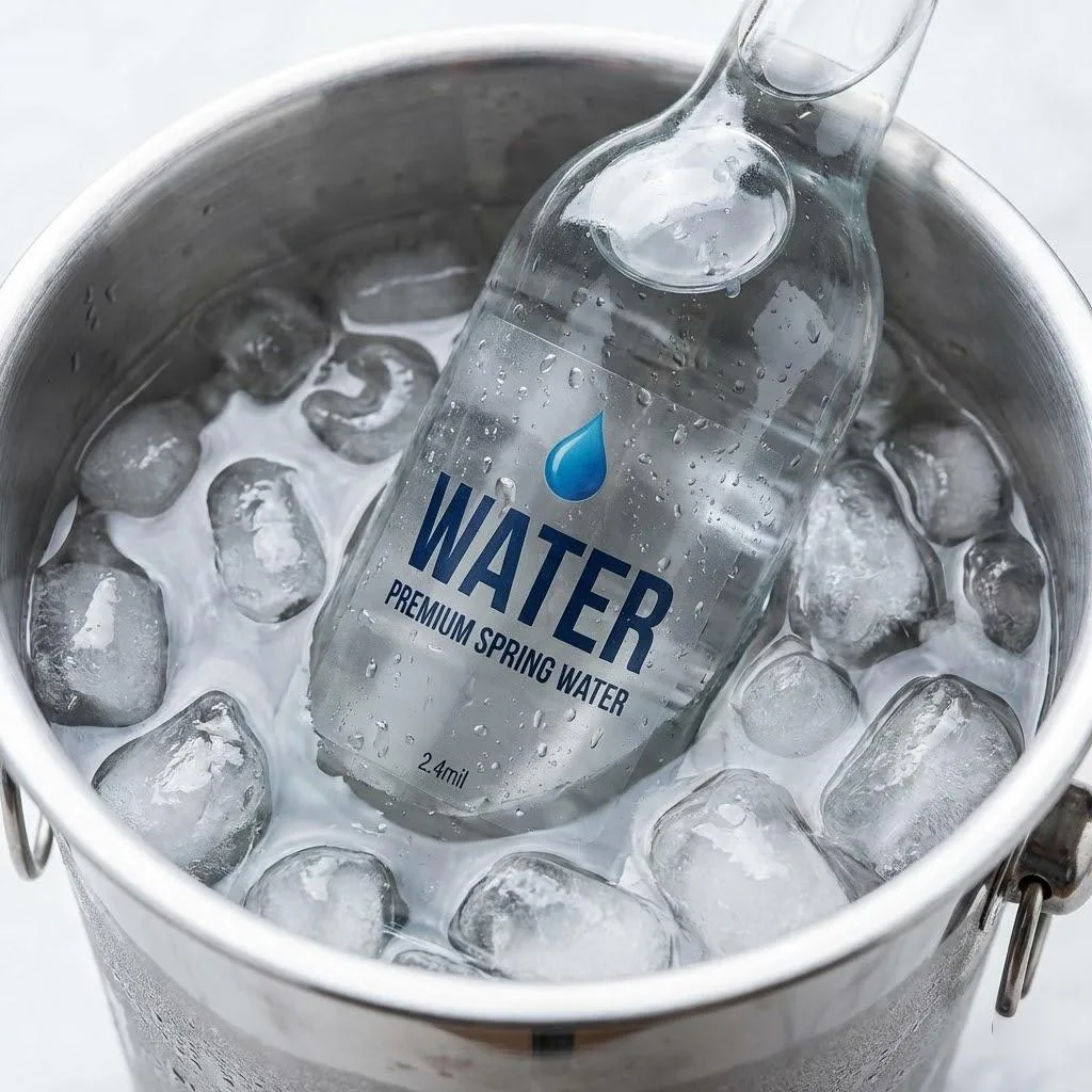 Waterproof Bopp Labels On A Water Bottle Undergoing Ice Bucket Immersion Testing.