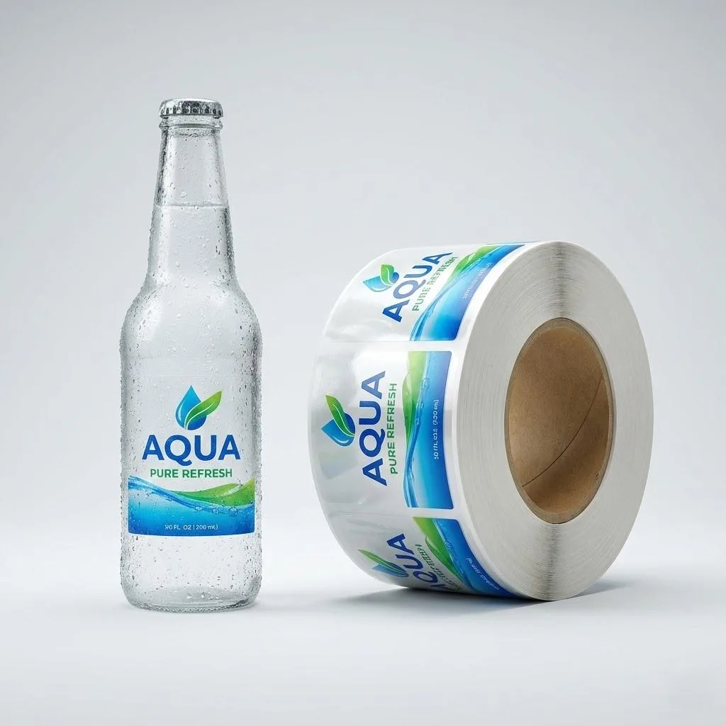 Waterproof Bopp Roll Labels On Cold Beverage Bottle.