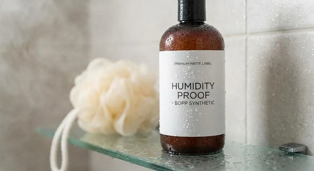 Waterproof Bopp Synthetic Label On A Cosmetic Bottle In A Humid Bathroom Environment.