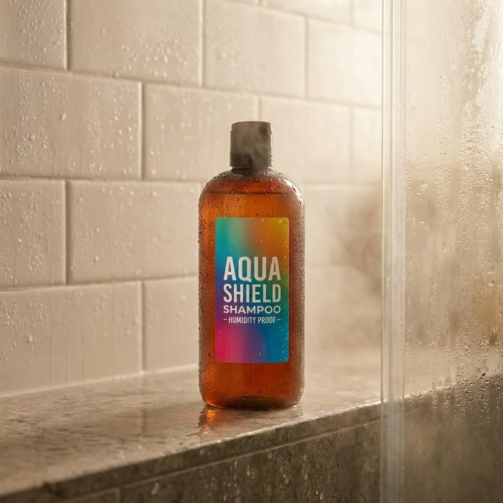 Waterproof Shampoo Label On A Bottle In A Humid Shower Environment.