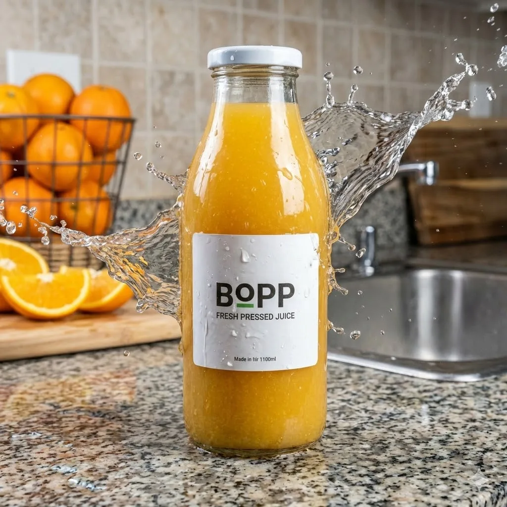 Waterproof White Bopp Sheet Labels With Water Droplets On A Juice Bottle.