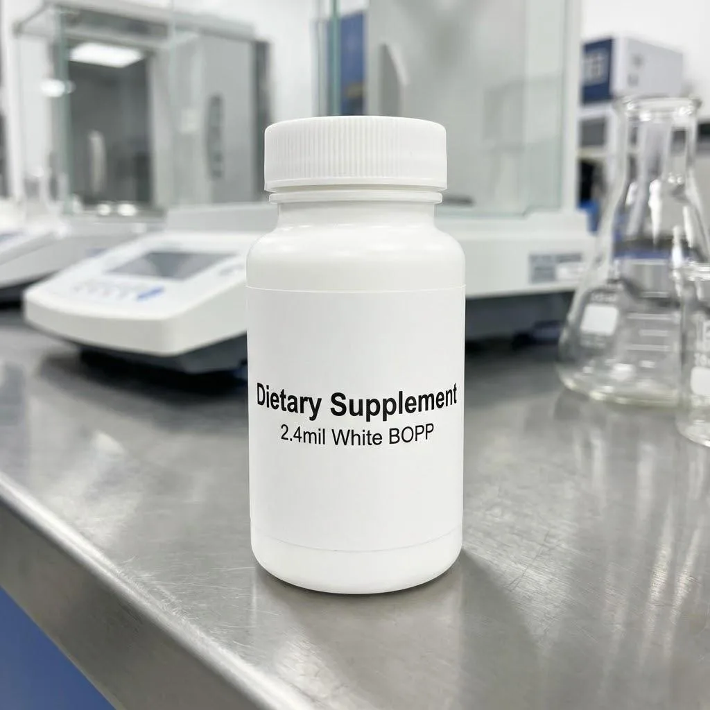 2.4mil White Bopp Dietary Supplement Label Applied Perfectly To A Small Diameter Bottle In A Lab.