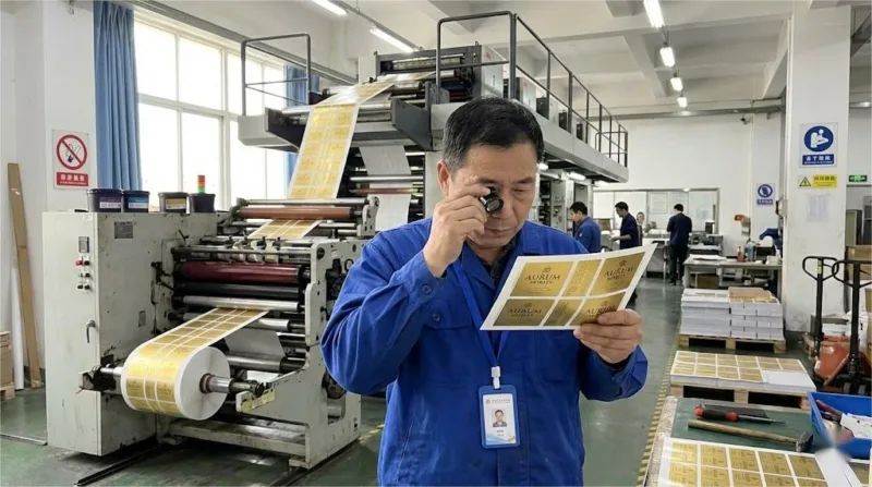 A Chinese Printing Engineer Using A Magnifying Loupe To Inspect The Quality And Precision Of Premium Gold Foil Labels.