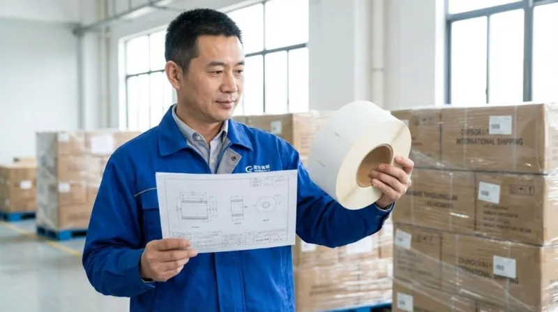 A Chinese Quality Control Manager Verifying Label Roll Specifications Against A Technical Checklist In An Organized Factory.