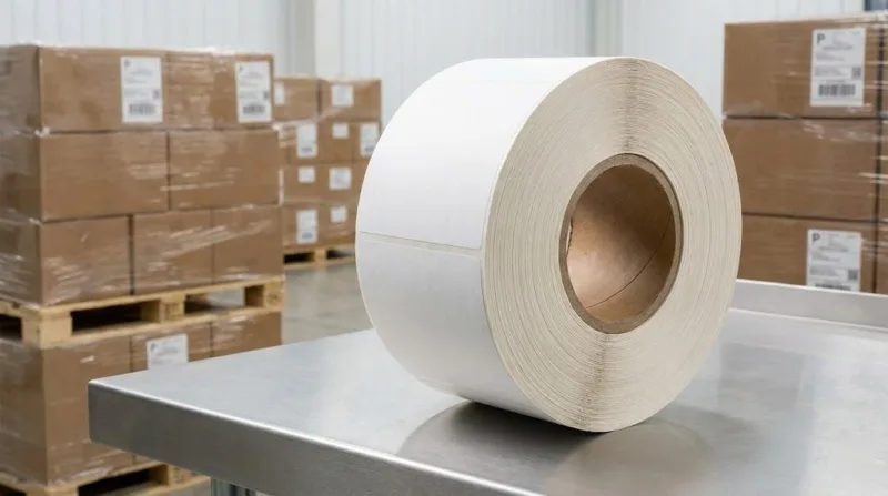 A Jumbo Industrial Label Roll On A 3 Inch Core With Thick Core Walls, Showcasing Precise Winding And Shipping Readiness.