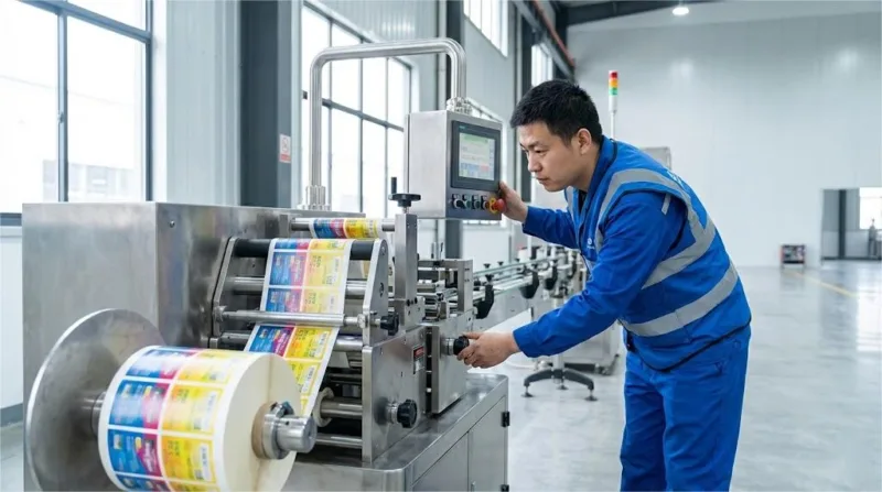 A Professional Technician Fine Tuning A High Speed Industrial Label Applicator Machine In A Clean Manufacturing Facility.