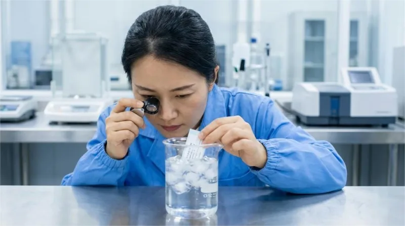 A Quality Control Specialist Uses A Loupe To Inspect A Label Undergoing A Durability Test In Icy Water.