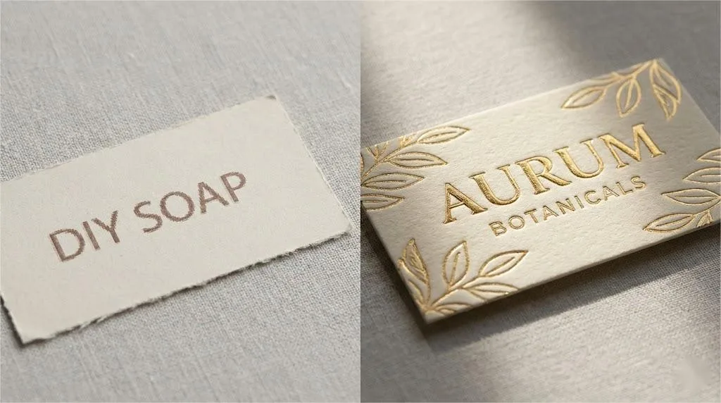 A Side By Side Comparison Of A Low Quality Diy Label And A Professional Premium Label With Gold Foil And 3d Texture.